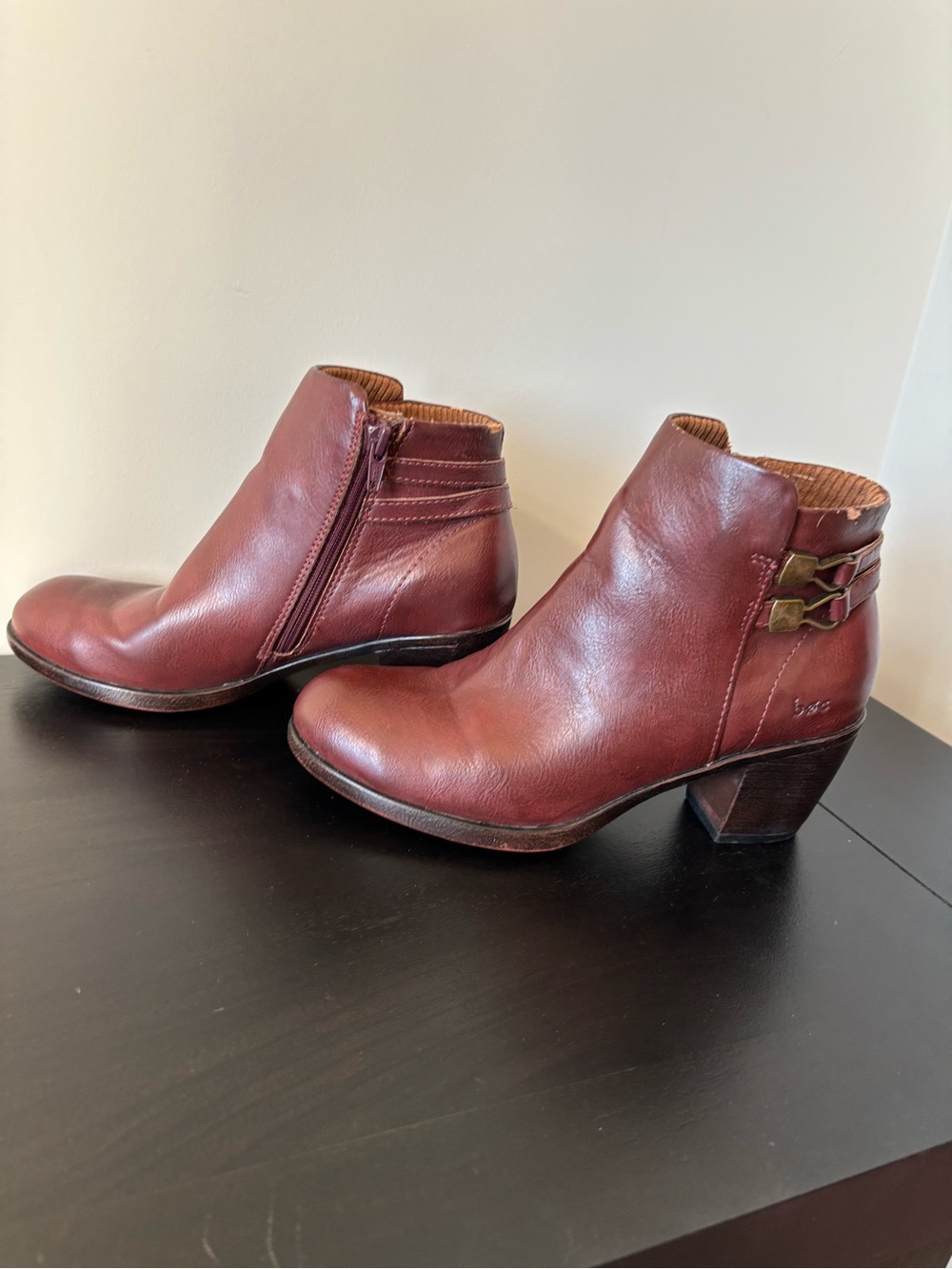 Women’s Burgundy Brown Leather Ankle Bootie with Side Buckle